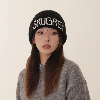 Fashion Monogram Embroidery Wide Brim Knit Hat