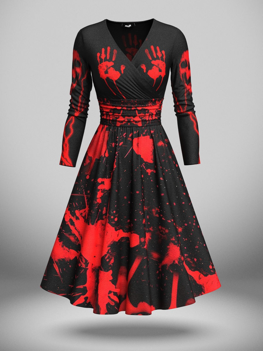 Retro Halloween Art Printed V-Neck Vintage Fashion Long Sleeve Midi Dress