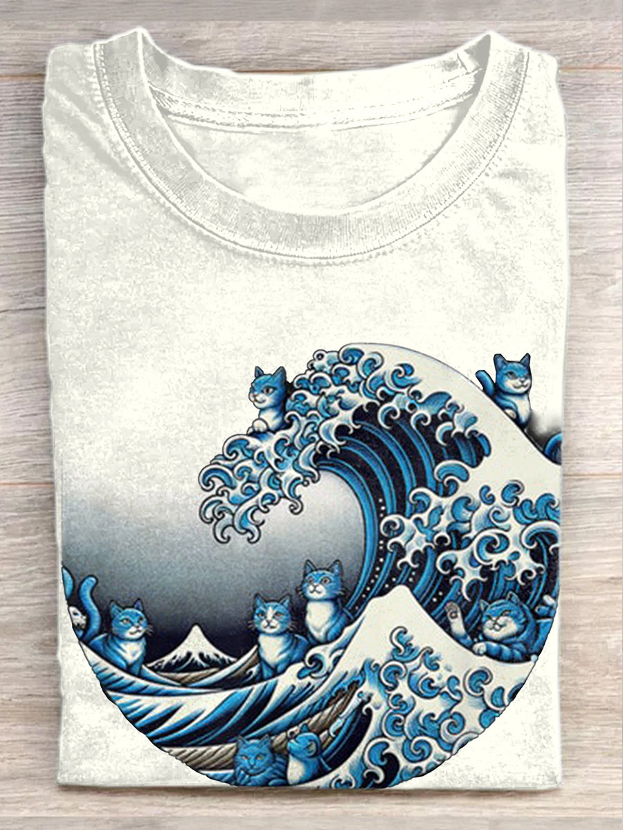 Blue Wave Cat Casual Print T-Shirt