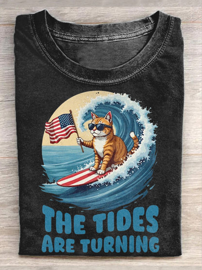 Blue Wave Cat Casual Print T-Shirt